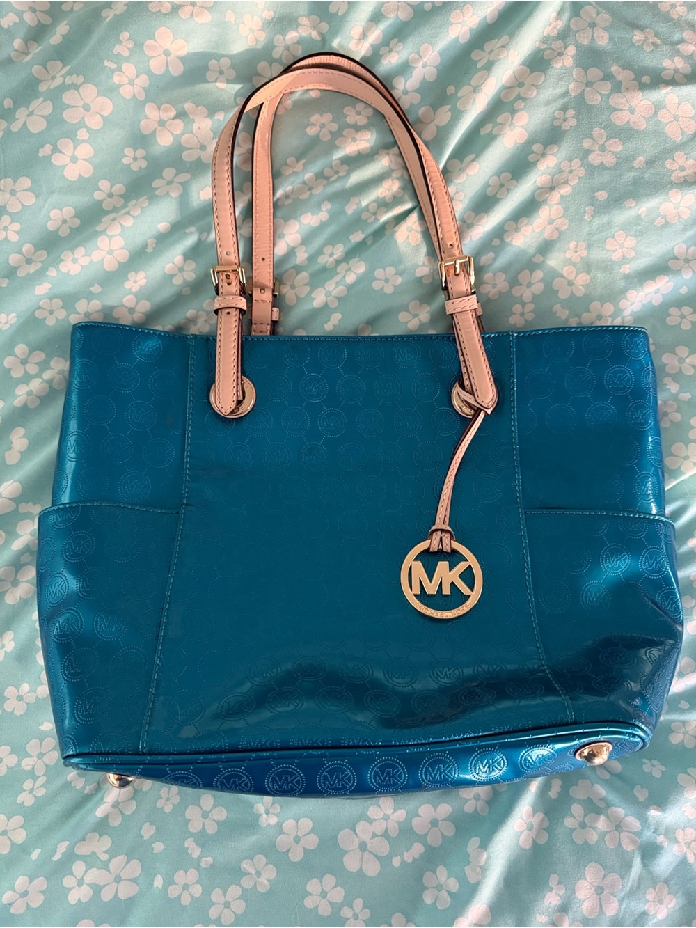 Teal chrome Michael Kors Jet Set tote